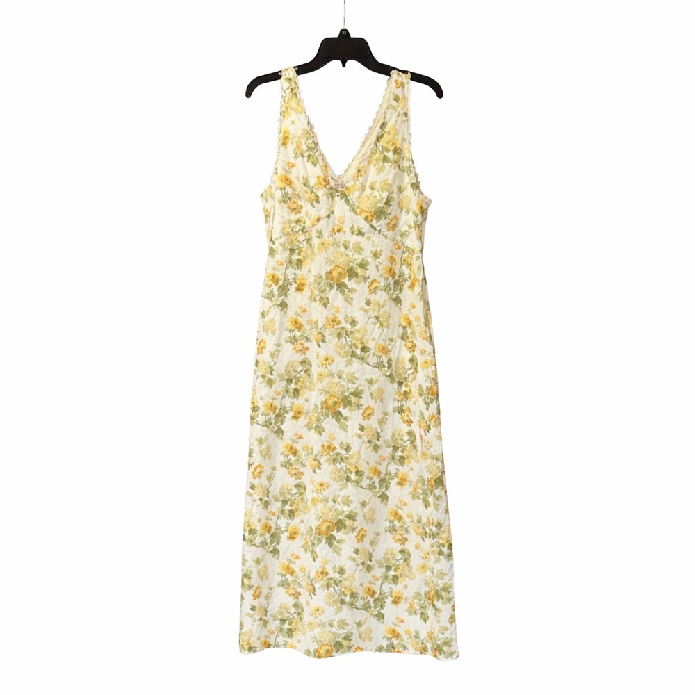 LAURA ASHLEY Linen Floral Yellow Roses Midi Dress Cottage Garden Lace Trim 14